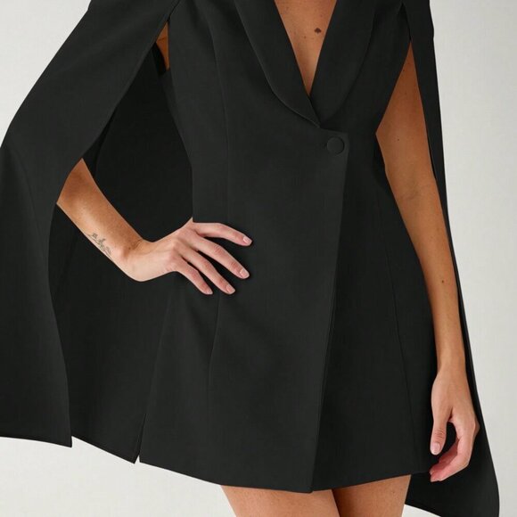 Black Elegant Women's Button-Front Long Sleeve Casual Blazer - Picture 8 of 8